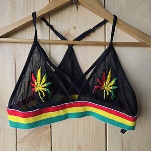 Spencers Black Mesh Bralette Embroidered Weed Leaf Size Small/Medium